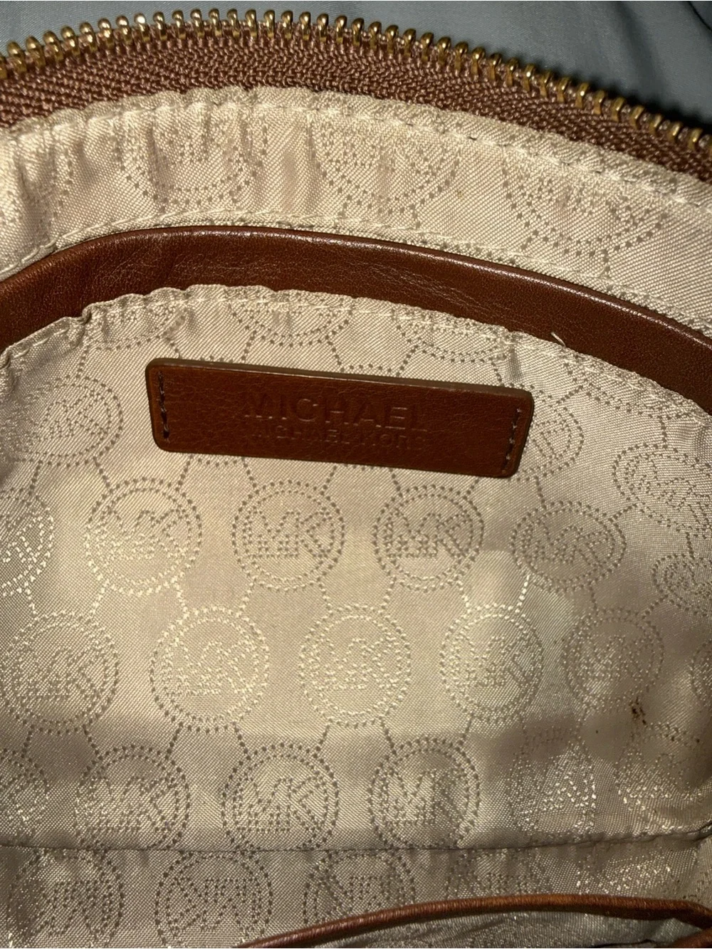 Michael Kors Beige & Brown Logo Mini Wristlet with Gold Hardware
